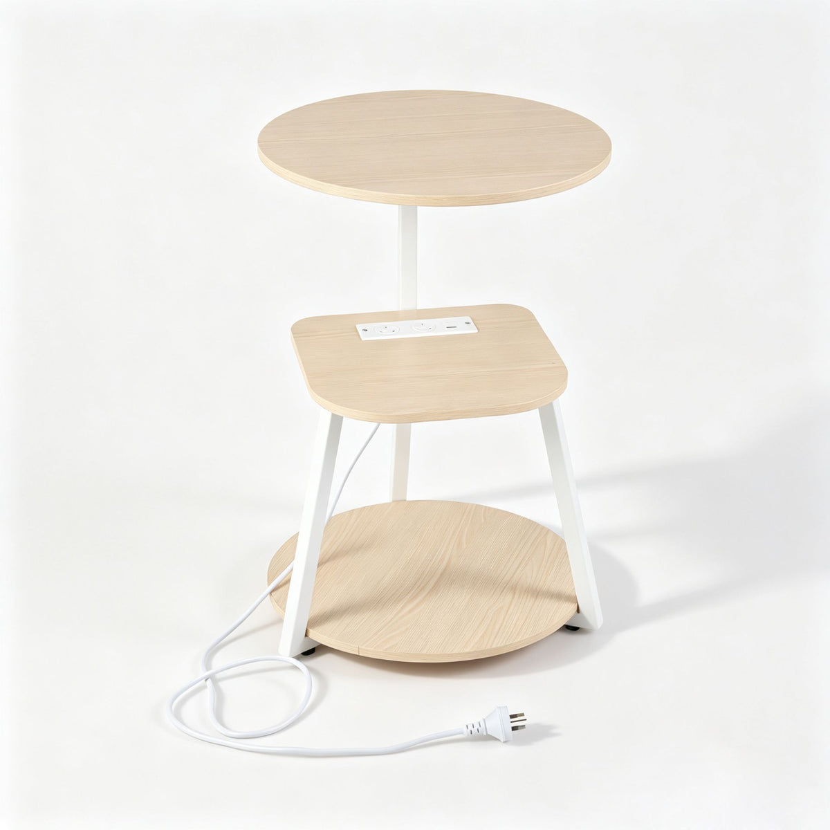 Round Side Table with Charging Station Small 3-Tier End Table Modern Rustic Nightstand