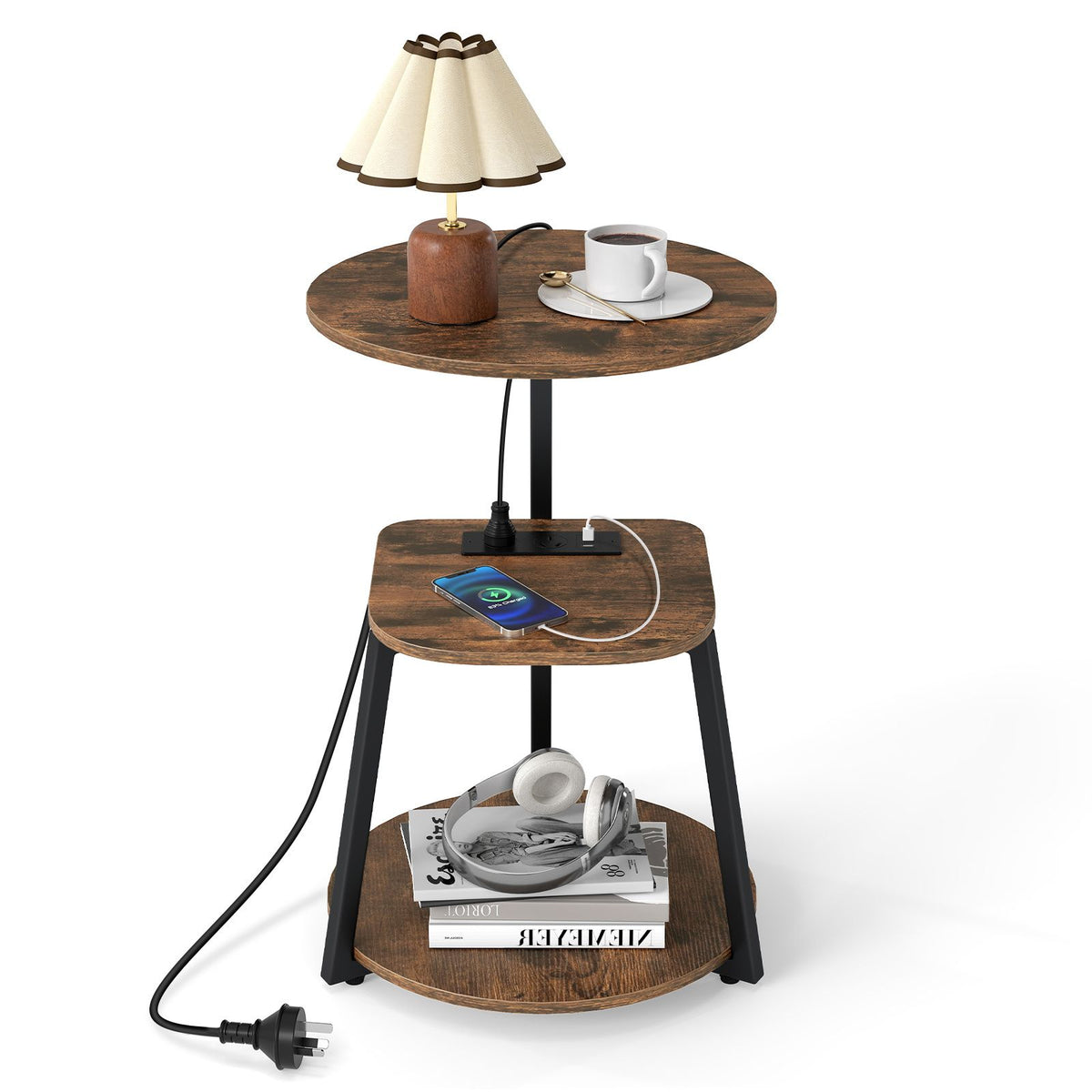 Round Side Table with Charging Station Small 3-Tier End Table Modern Rustic Nightstand