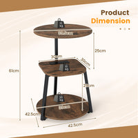 Round Side Table with Charging Station Small 3-Tier End Table Modern Rustic Nightstand
