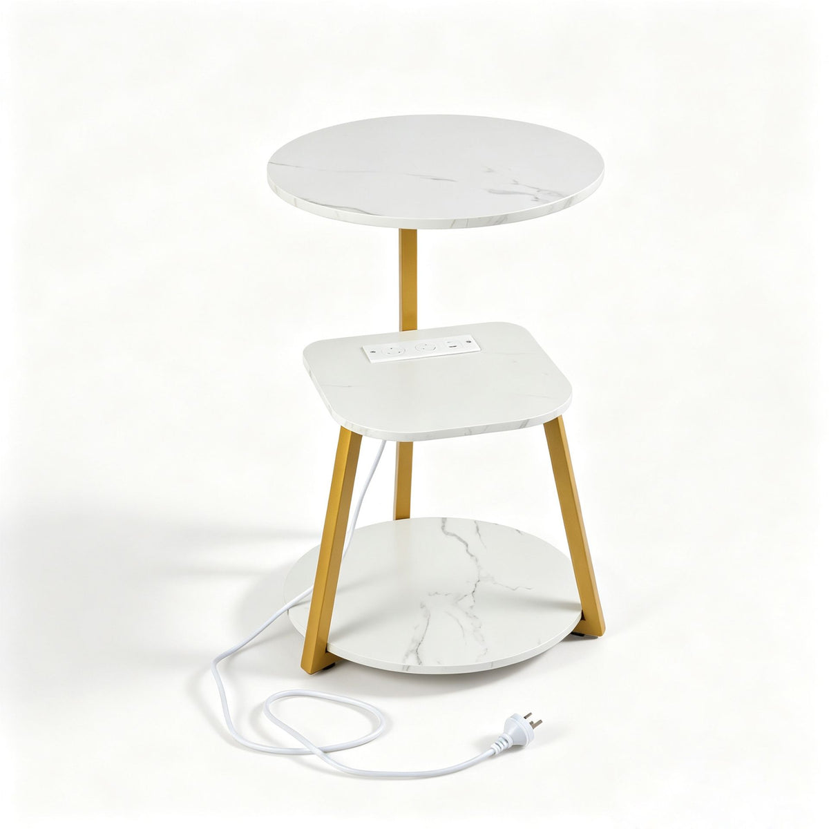 Round Side Table with Charging Station Small 3-Tier End Table Modern Rustic Nightstand