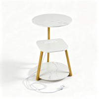 Round Side Table with Charging Station Small 3-Tier End Table Modern Rustic Nightstand