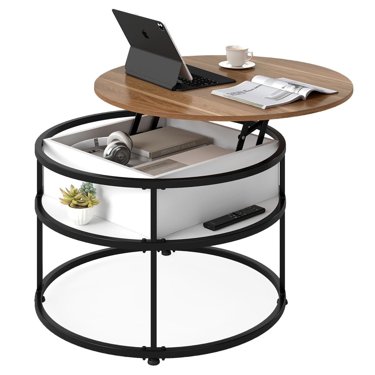 Lift Top Coffee Table, 80cm Round Center Table with Hidden Compartment & Side Shelves
