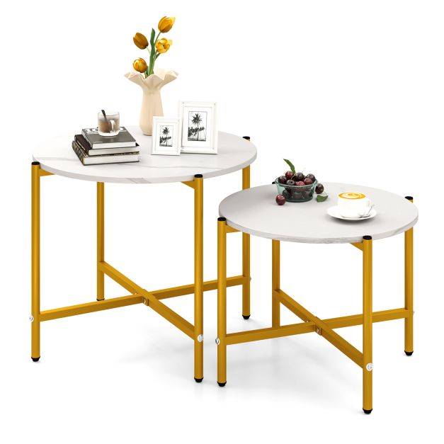Round Coffee Table Set of 2, 55cm & 65cm Nesting Coffee Tables with Heavy-Duty Metal Frame