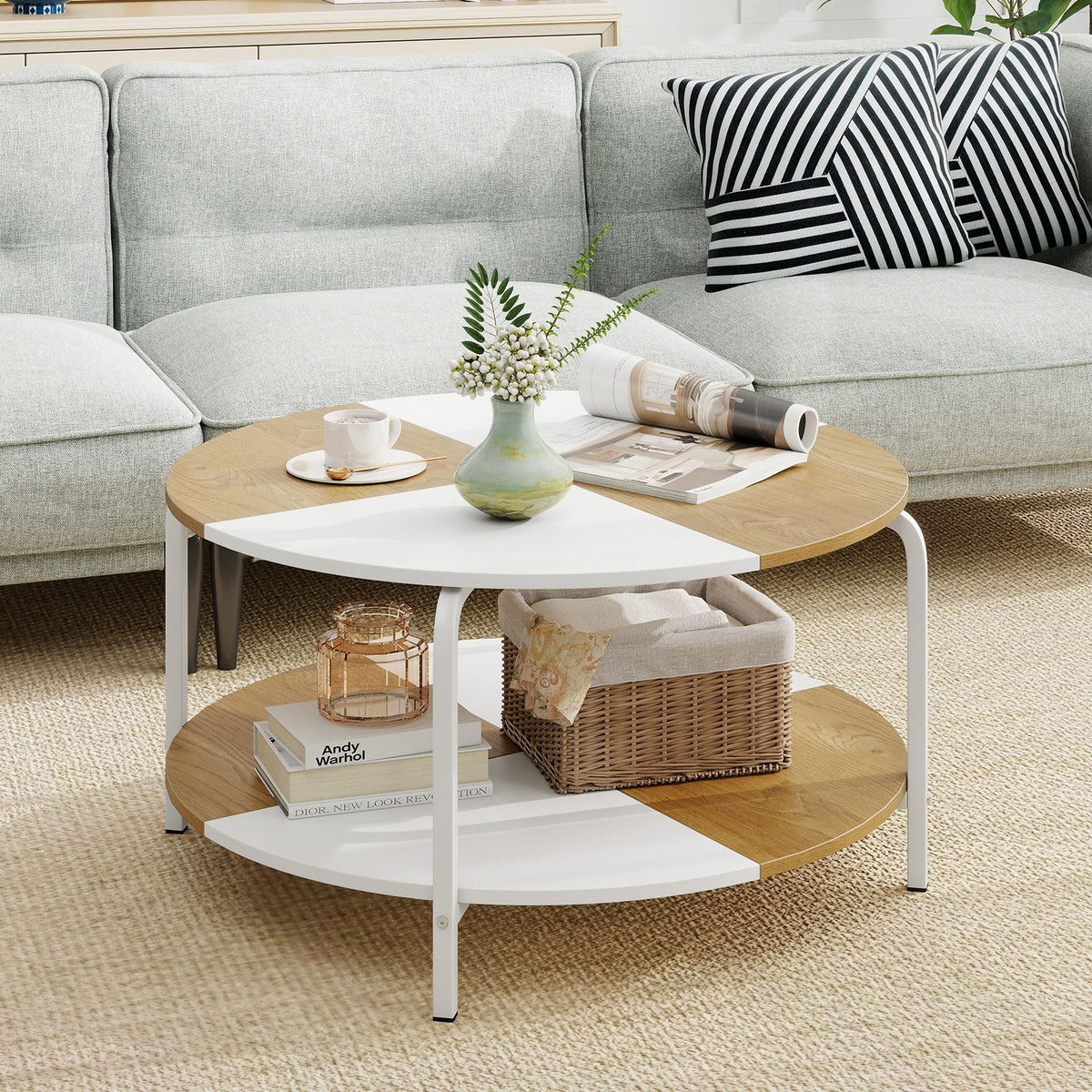 Round Coffee Table with Open Storage Shelf and Heavy Duty Metal Frame for Living Room
