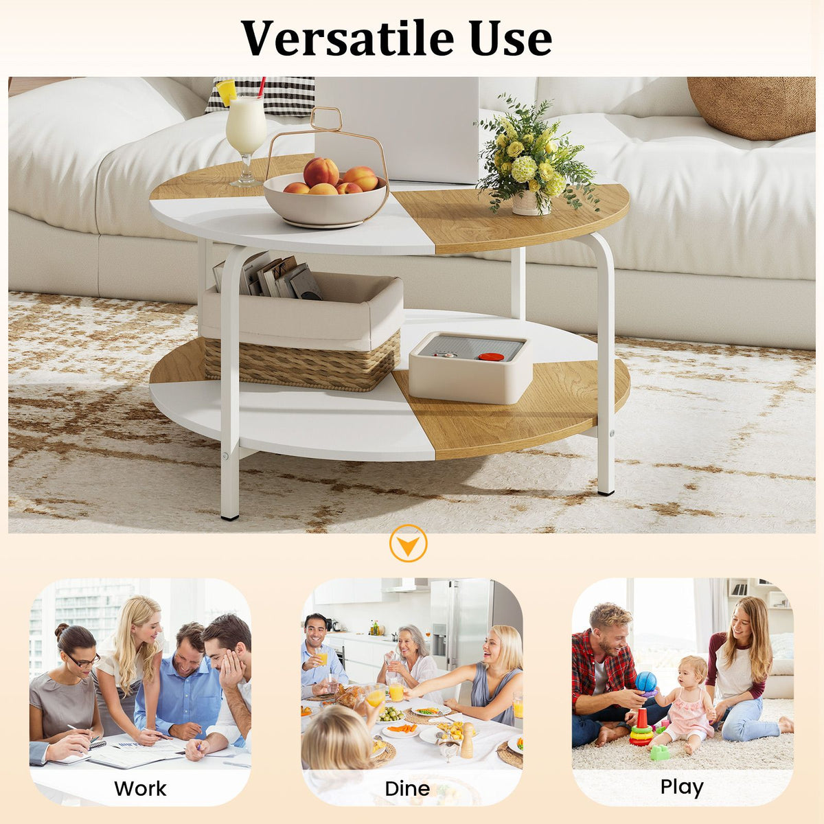 Round Coffee Table with Open Storage Shelf and Heavy Duty Metal Frame for Living Room