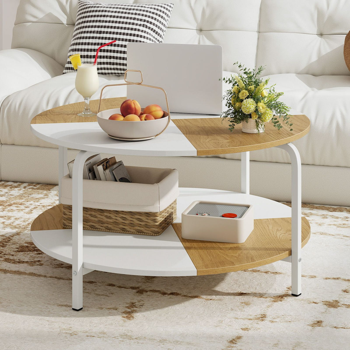 Round Coffee Table with Open Storage Shelf and Heavy Duty Metal Frame for Living Room