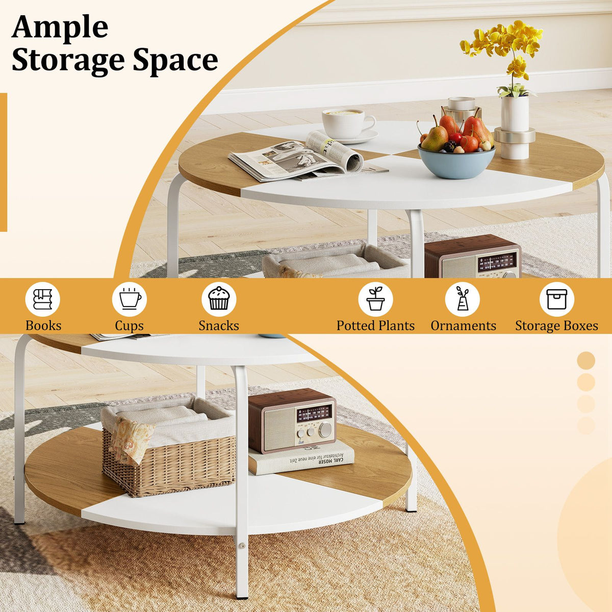 Round Coffee Table with Open Storage Shelf and Heavy Duty Metal Frame for Living Room