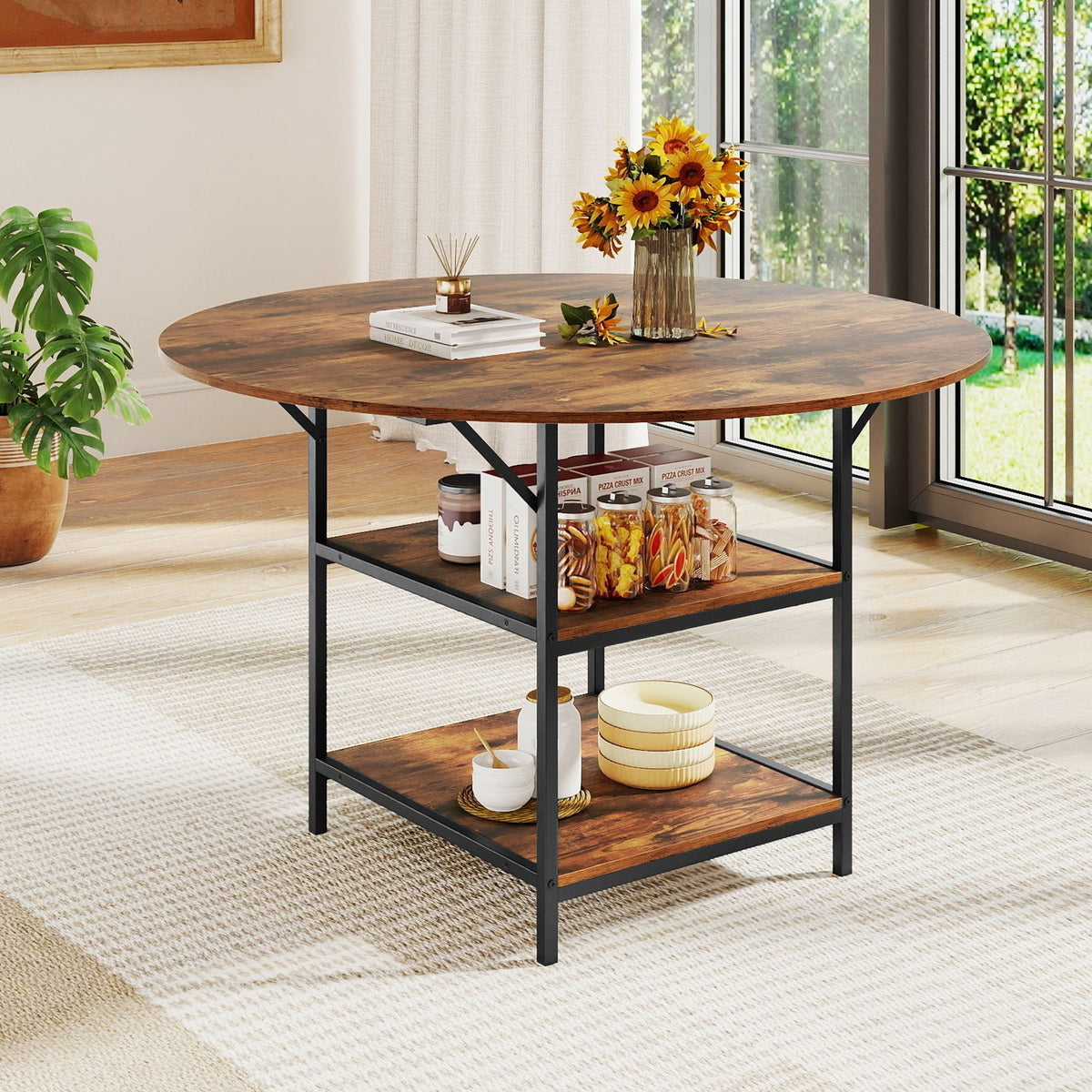 120 CM Round Dining Table with 2-Tier Storage Shelf and Heavy-duty Metal Frame