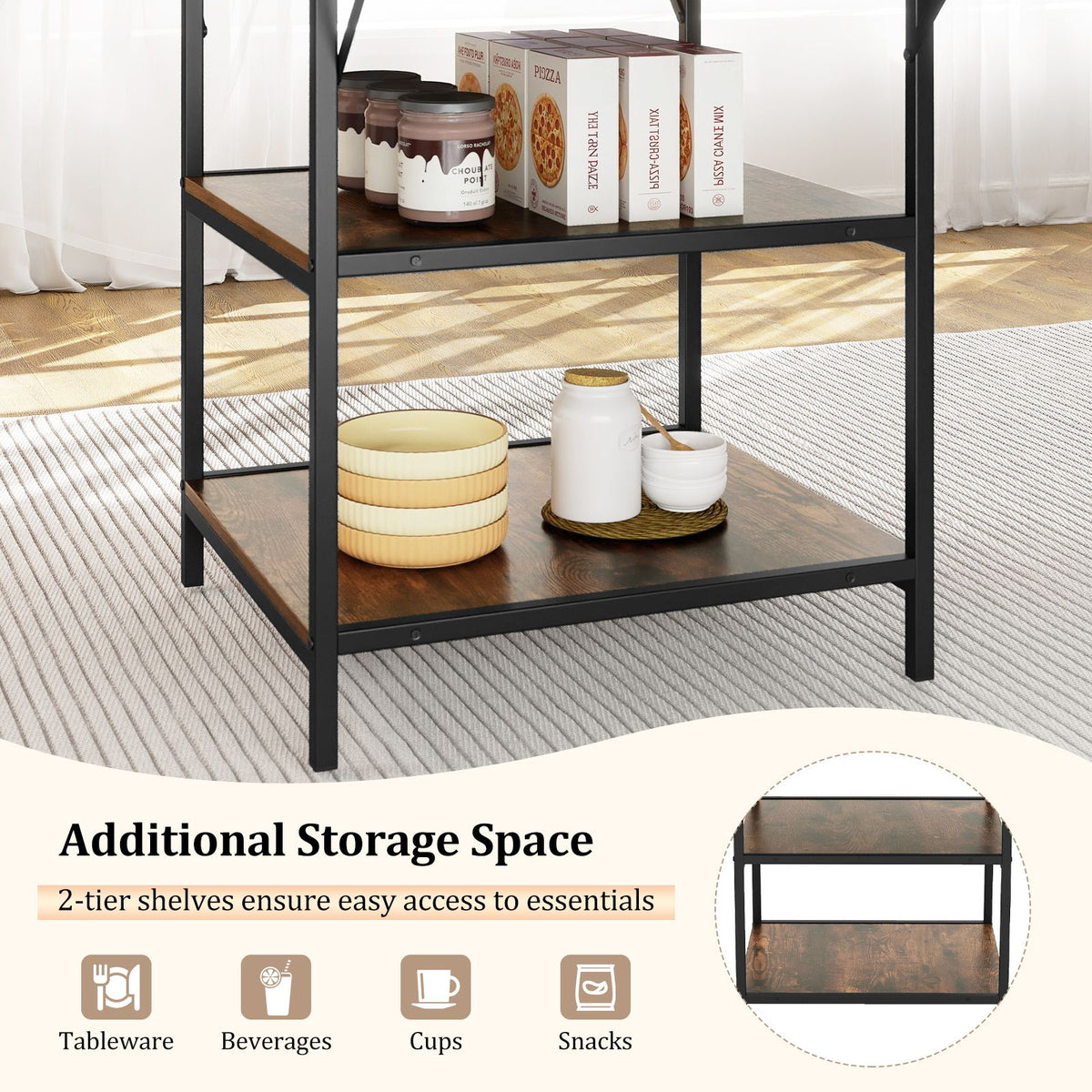 120 CM Round Dining Table with 2-Tier Storage Shelf and Heavy-duty Metal Frame