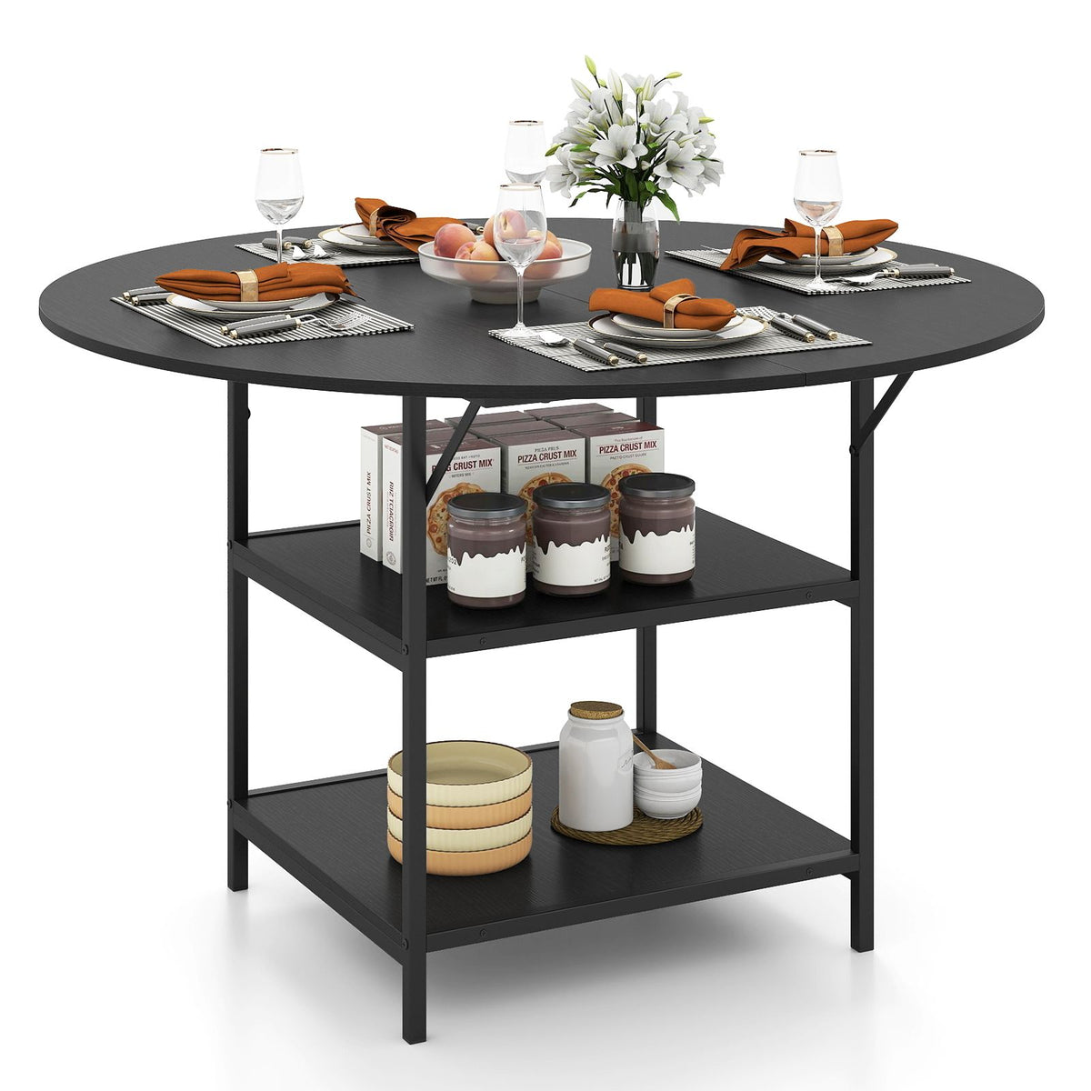 120 CM Round Dining Table with 2-Tier Storage Shelf and Heavy-duty Metal Frame