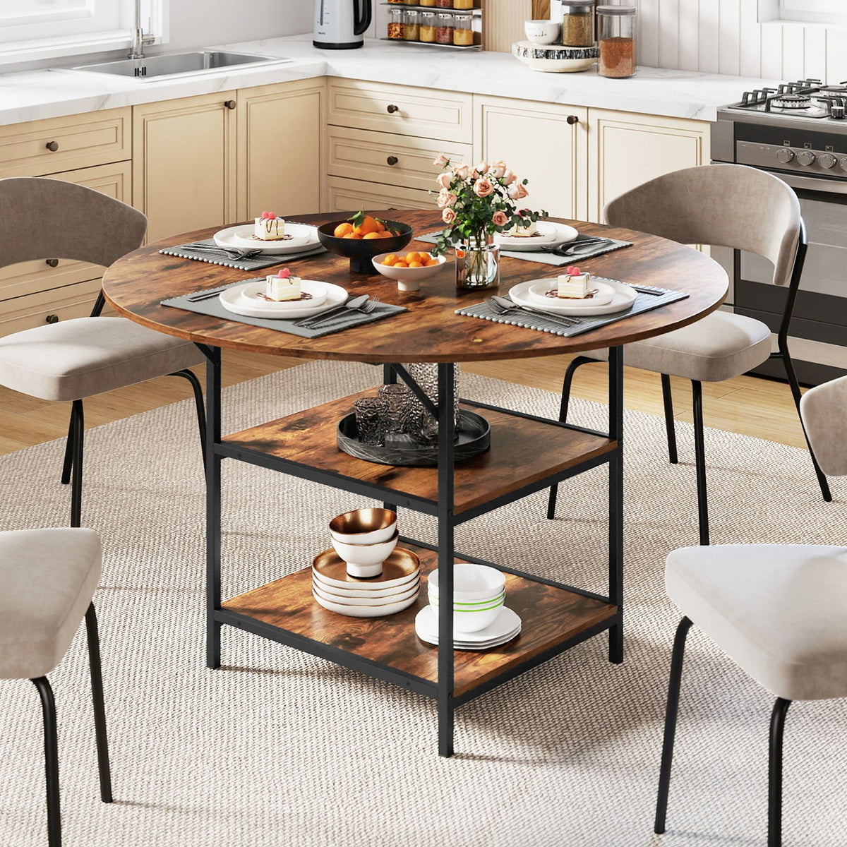 120 CM Round Dining Table with 2-Tier Storage Shelf and Heavy-duty Metal Frame