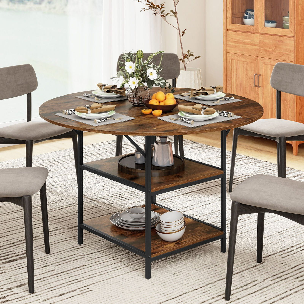 120 CM Round Dining Table with 2-Tier Storage Shelf and Heavy-duty Met ...
