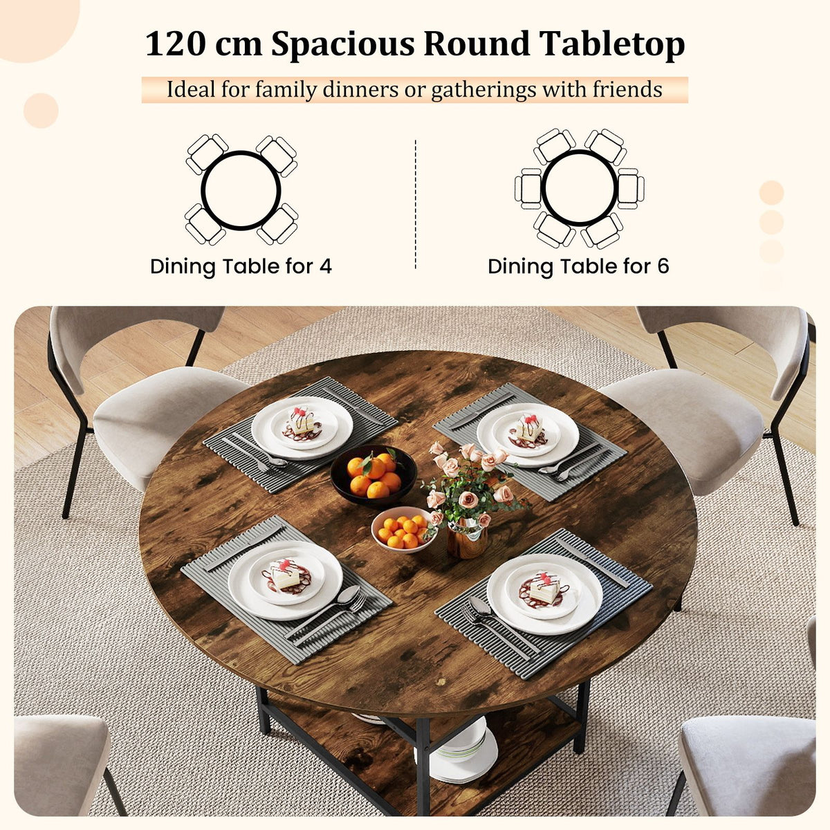 120 CM Round Dining Table with 2-Tier Storage Shelf and Heavy-duty Metal Frame