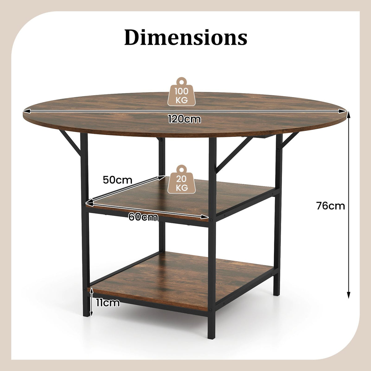 120 CM Round Dining Table with 2-Tier Storage Shelf and Heavy-duty Metal Frame
