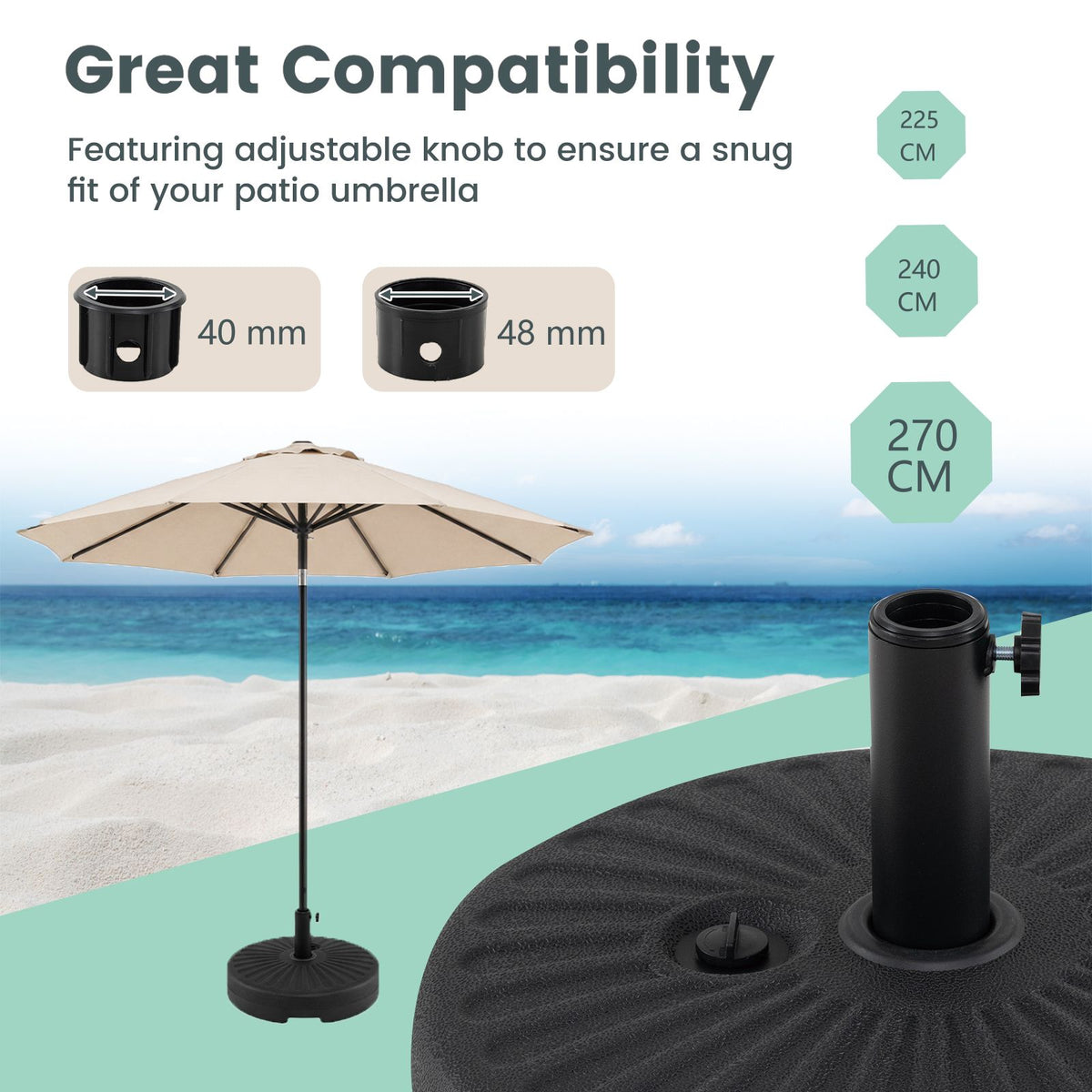 51 cm Round Patio Umbrella Base 27 KG Fillable with 2 Couplers