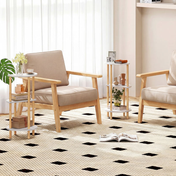 Round Side Table Set of 2 with Storage Shelves and Bamboo Construction for Living Room