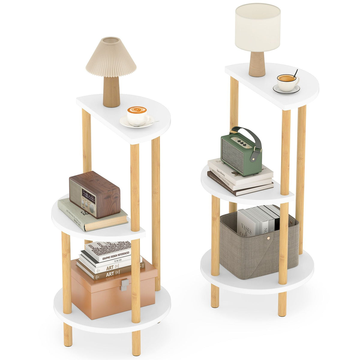 Round Side Table Set of 2 with Storage Shelves and Bamboo Construction for Living Room