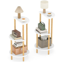 Round Side Table Set of 2 with Storage Shelves and Bamboo Construction for Living Room