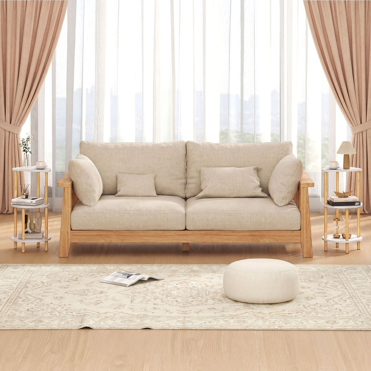 Round Side Table Set of 2 with Storage Shelves and Bamboo Construction for Living Room