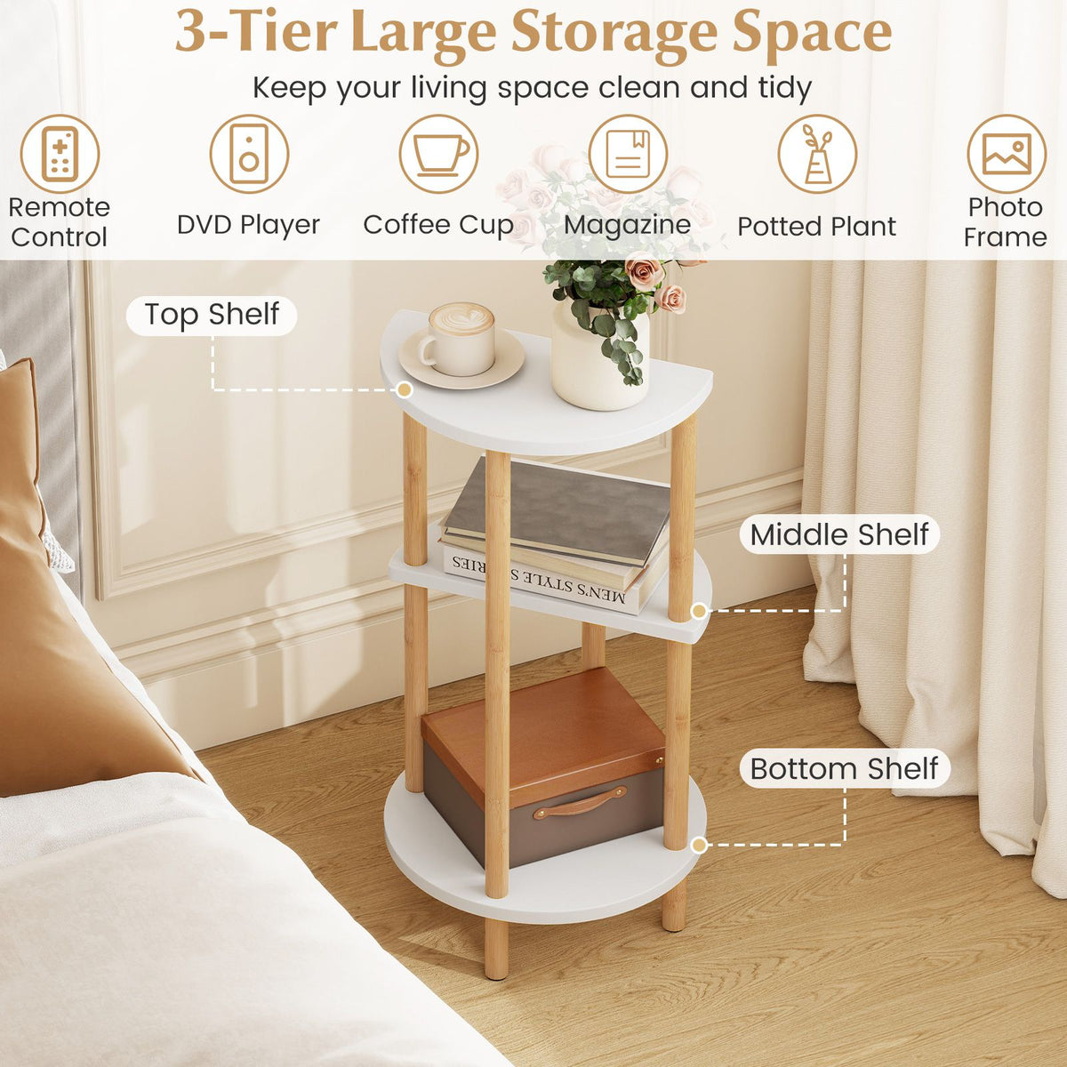 Round Side Table Set of 2 with Storage Shelves and Bamboo Construction for Living Room