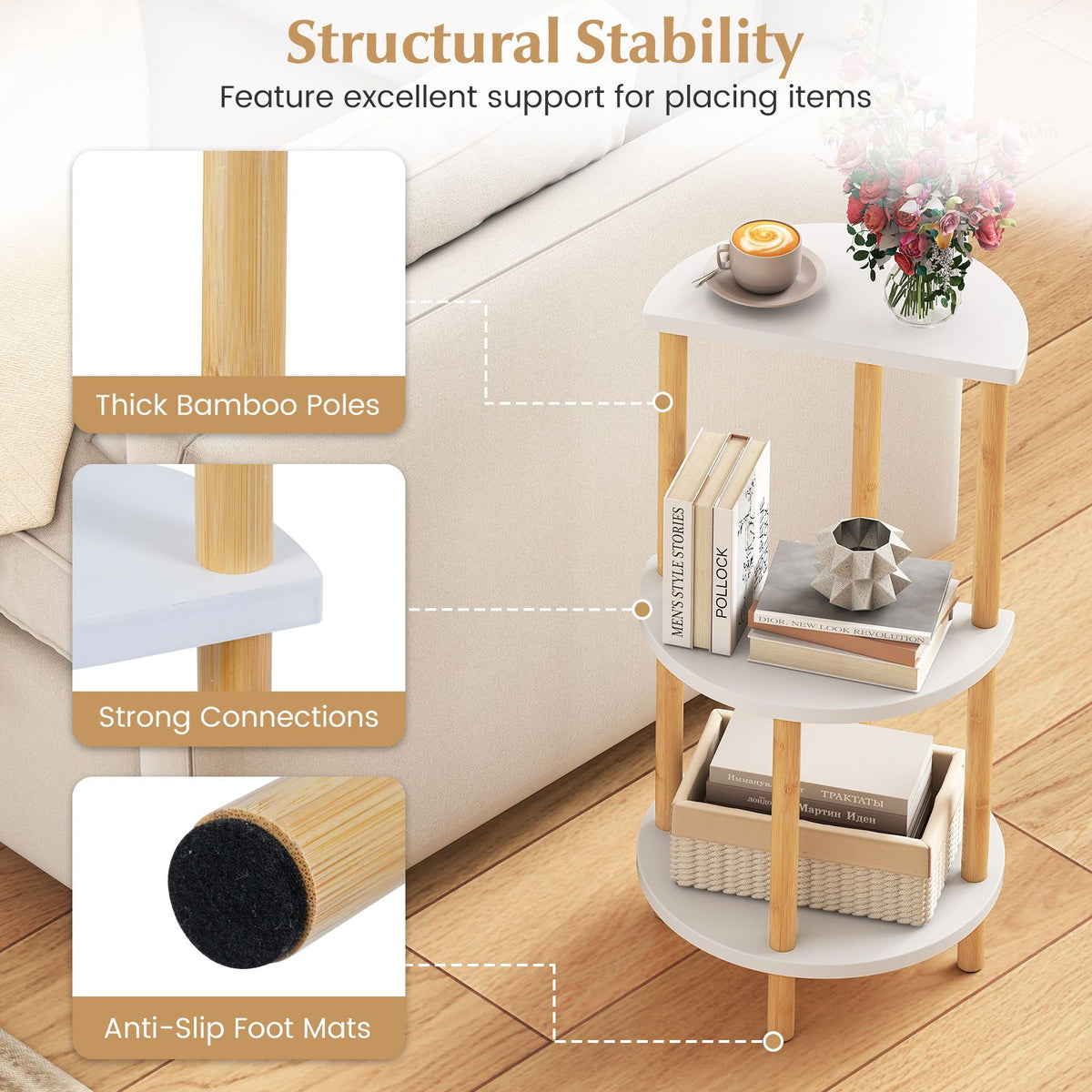 Round Side Table Set of 2 with Storage Shelves and Bamboo Construction for Living Room