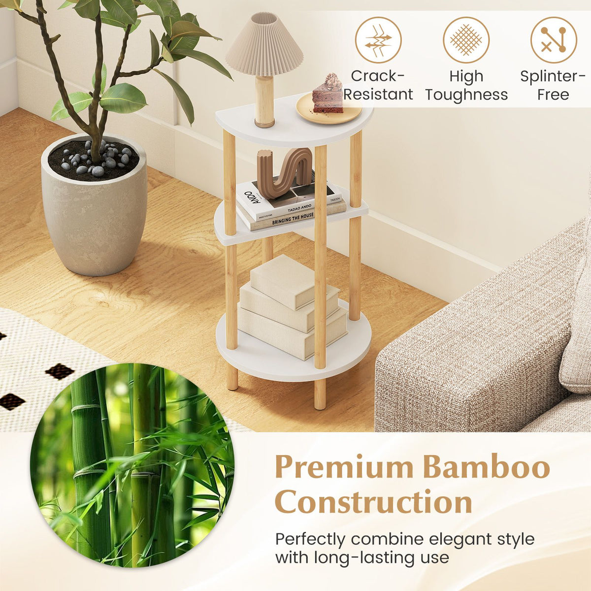 Round Side Table Set of 2 with Storage Shelves and Bamboo Construction for Living Room