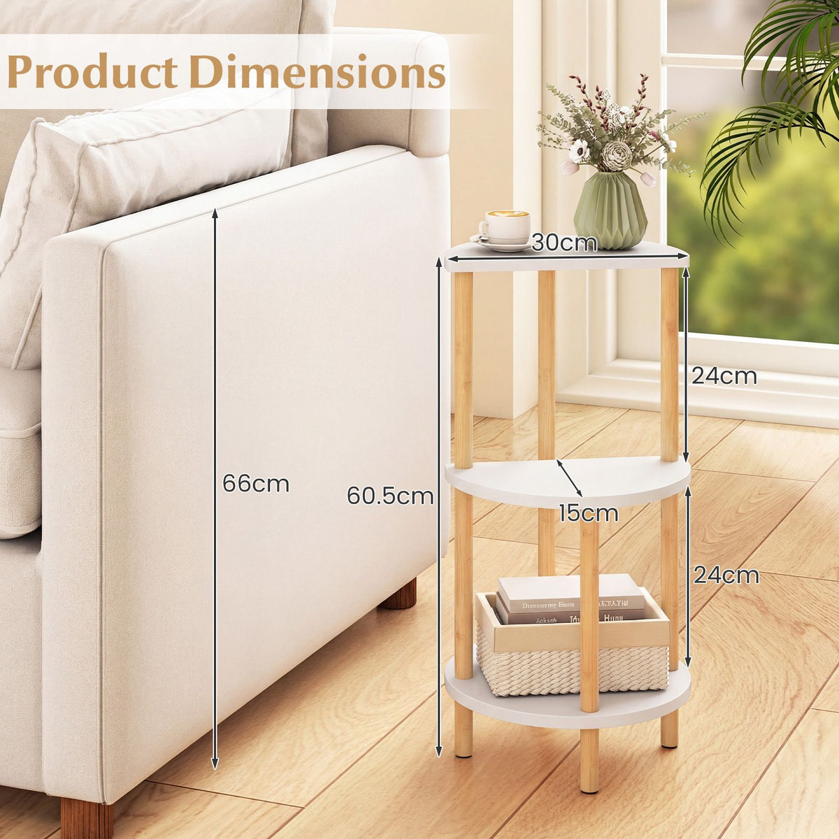 Round Side Table Set of 2 with Storage Shelves and Bamboo Construction for Living Room