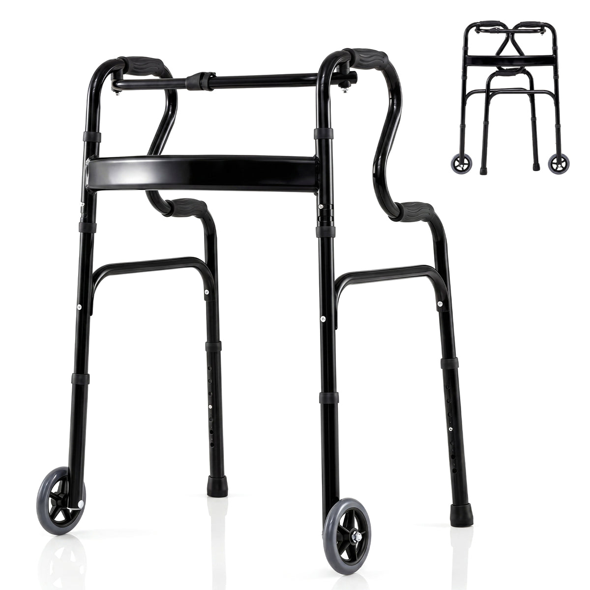 200KG Weight Capacity Aluminum Alloy Adult Walker w/ Unidirectional Wheels & Bi-Level Armrests