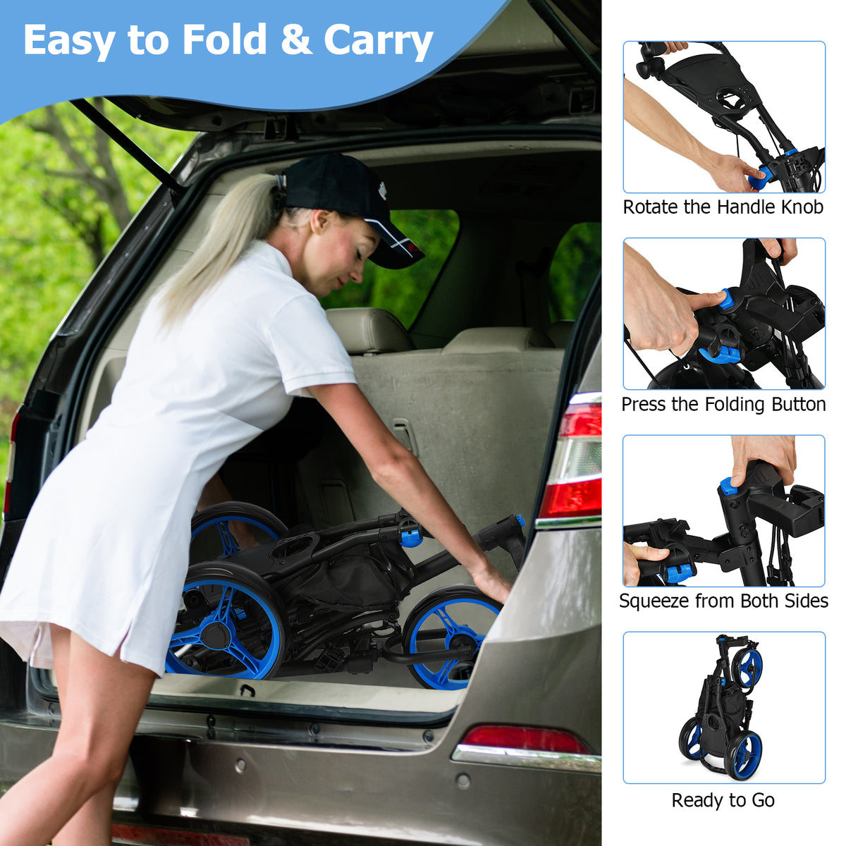 3 Wheel Golf Push Cart, Quick Folding Golf Walking Push Cart