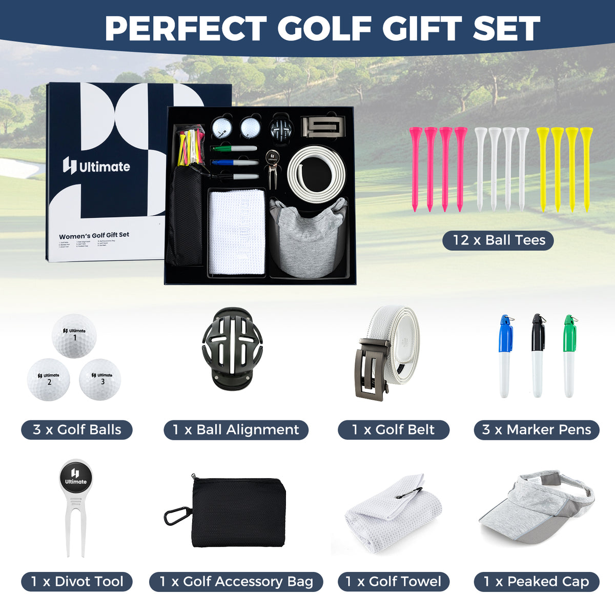 Golf Gift Set for Women with Golf Balls Golf Tees Golf Towel Golf Belt