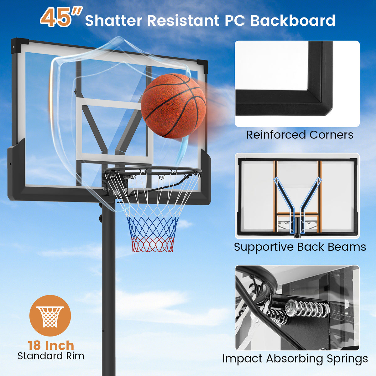 Portable Basketball Hoop with Impact Resistant Backboard and Fillable Base