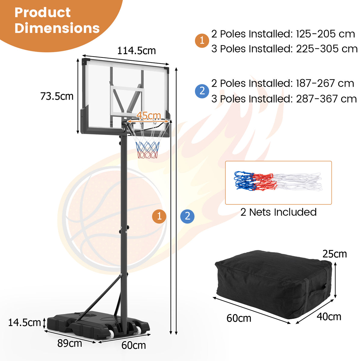 Portable Basketball Hoop with Impact Resistant Backboard and Fillable Base