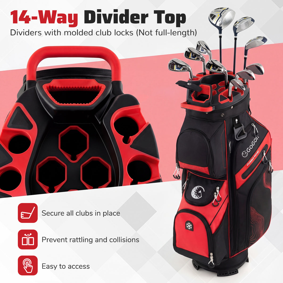 Golf Cart Bag, Molded Lock Top Golf Bag w/14-Way Dividers