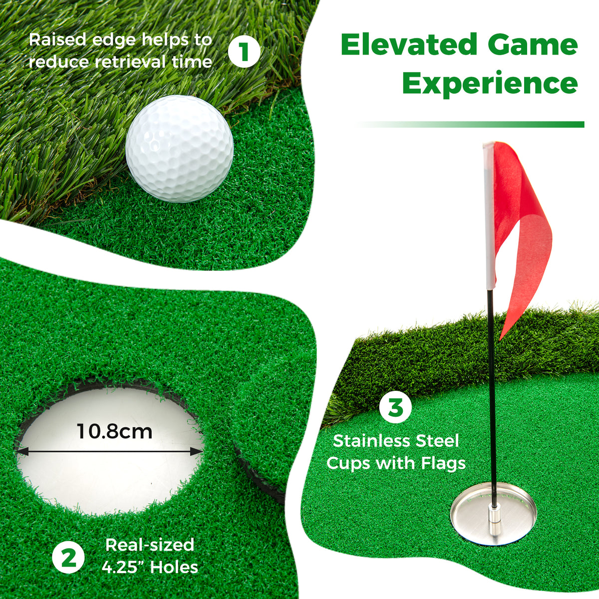 Golf Putting Green, 300 x 150 cm Golf Practice Mat with 3 Holes, Cups & Flags