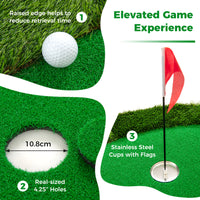 Golf Putting Green, 300 x 150 cm Golf Practice Mat with 3 Holes, Cups & Flags