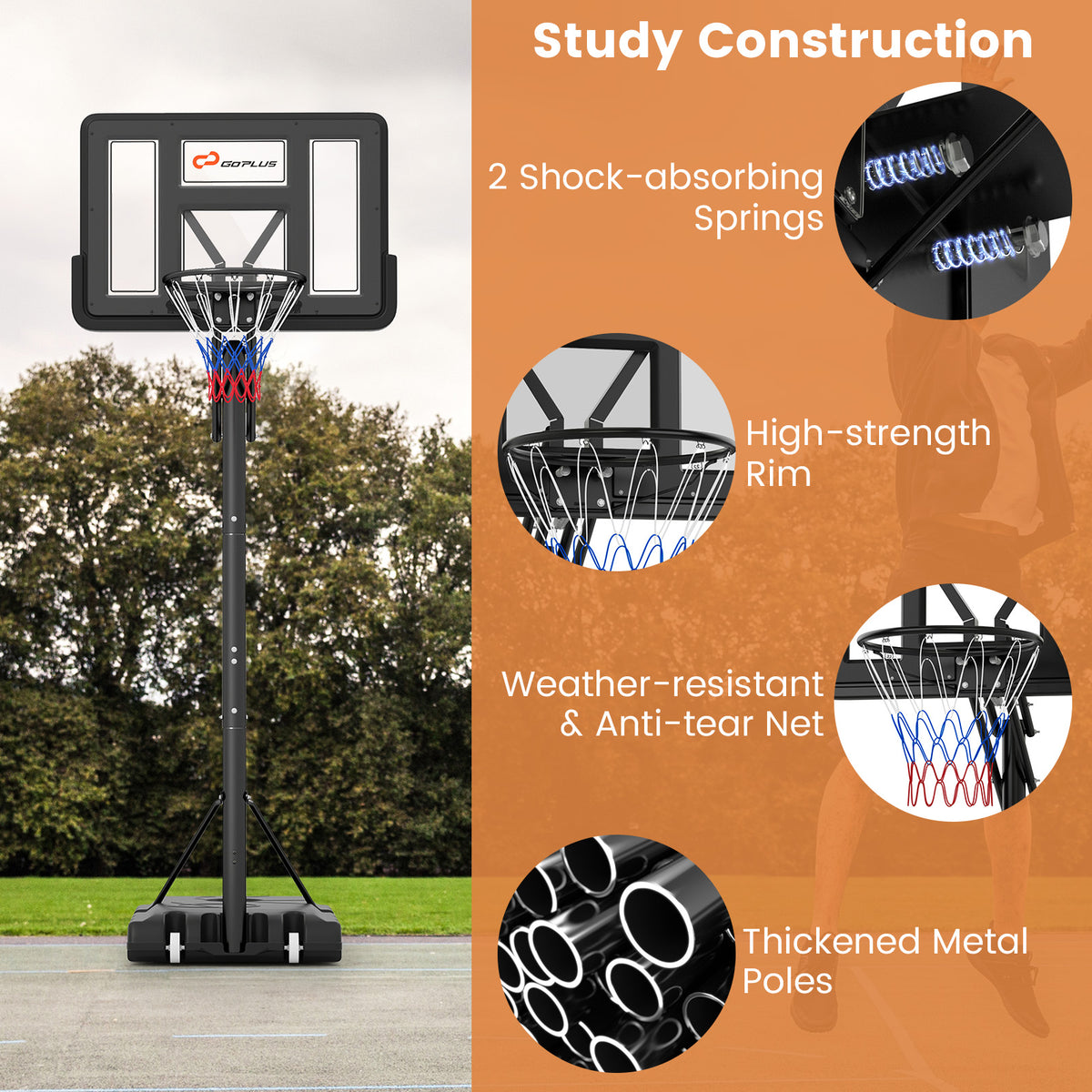 Basketball Hoop Stand 8-10FT/2.45-3.05m（Floor to Ring）Height Adjustable Basketball Hoop System w/ 44" Backboard