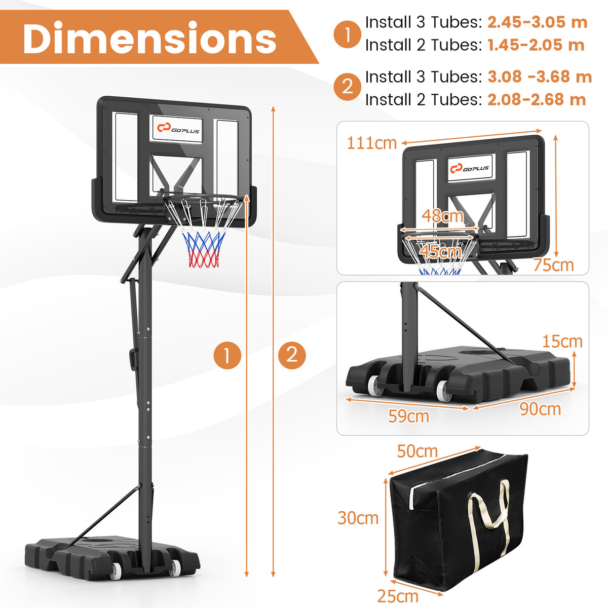 Basketball Hoop Stand 8-10FT/2.45-3.05m（Floor to Ring）Height Adjustable Basketball Hoop System w/ 44" Backboard