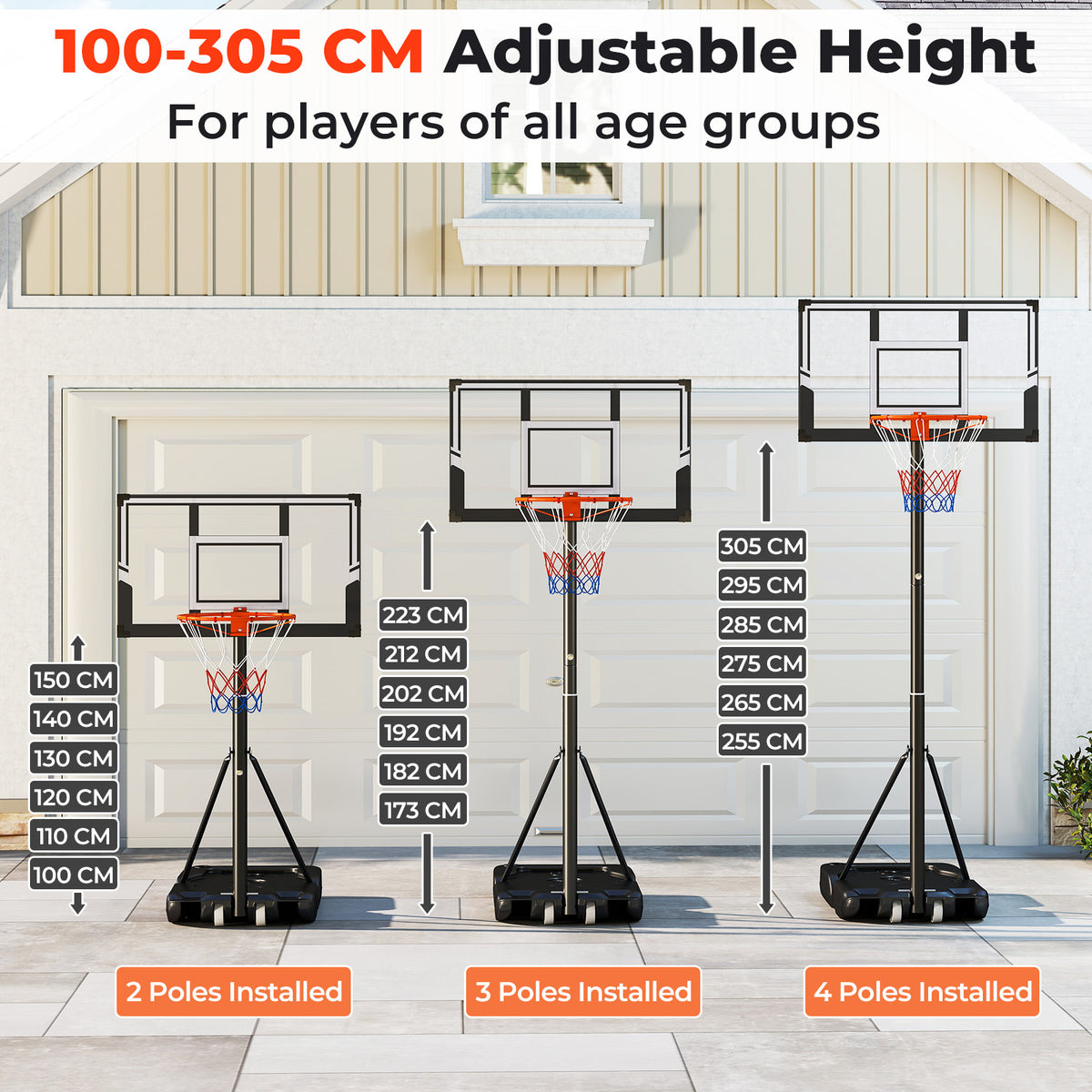 Portable Basketball Hoop Outdoor, 1m-3.05 m Height Adjustable Basketball Goal System