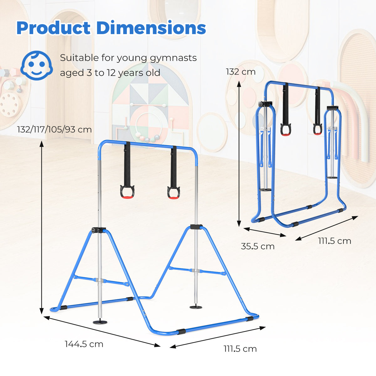 Expandable Gymnastic Bar for Kids, 4-Level Height Adjustable Gymnastic Horizontal Bar