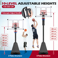 Portable Basketball Hoop Outdoor 150-305 cm 10 Levels Adjustable Basketball Goal System