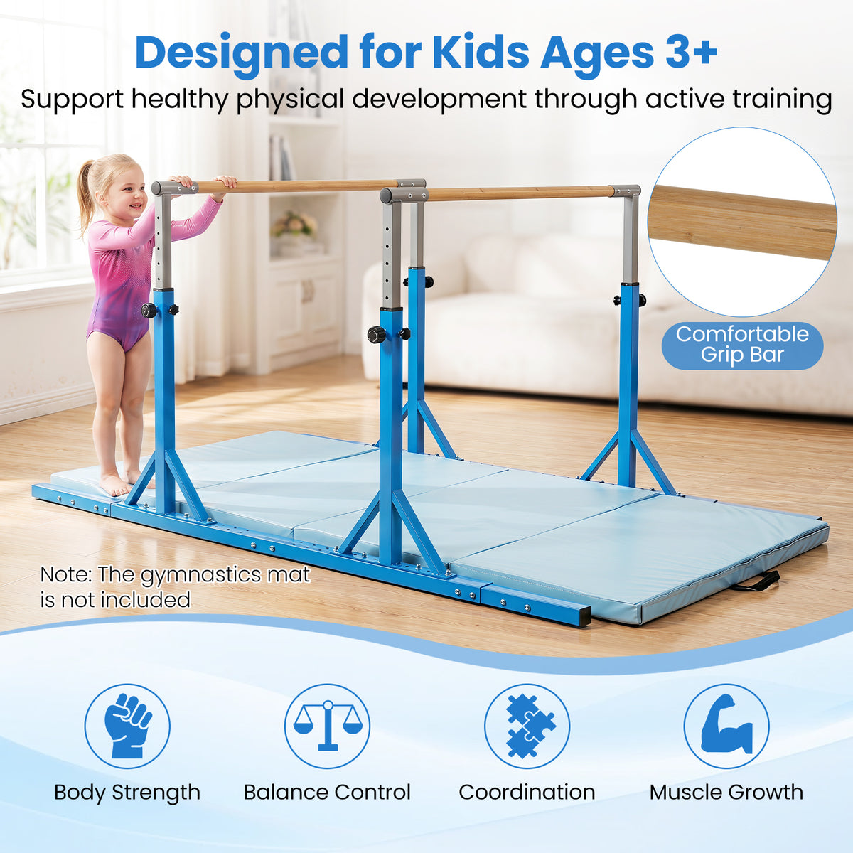 Double Horizontal Bars for Kids, 8 FT Junior Gymnastic Parallel Bars with 13-Level 33”-57” Adjustable Heights