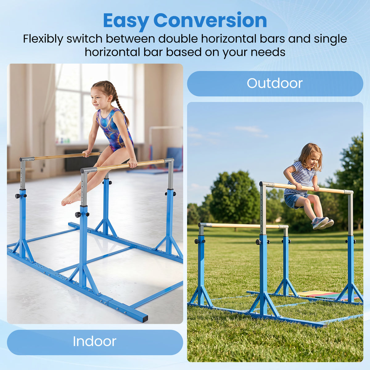 Double Horizontal Bars for Kids, 8 FT Junior Gymnastic Parallel Bars with 13-Level 33”-57” Adjustable Heights