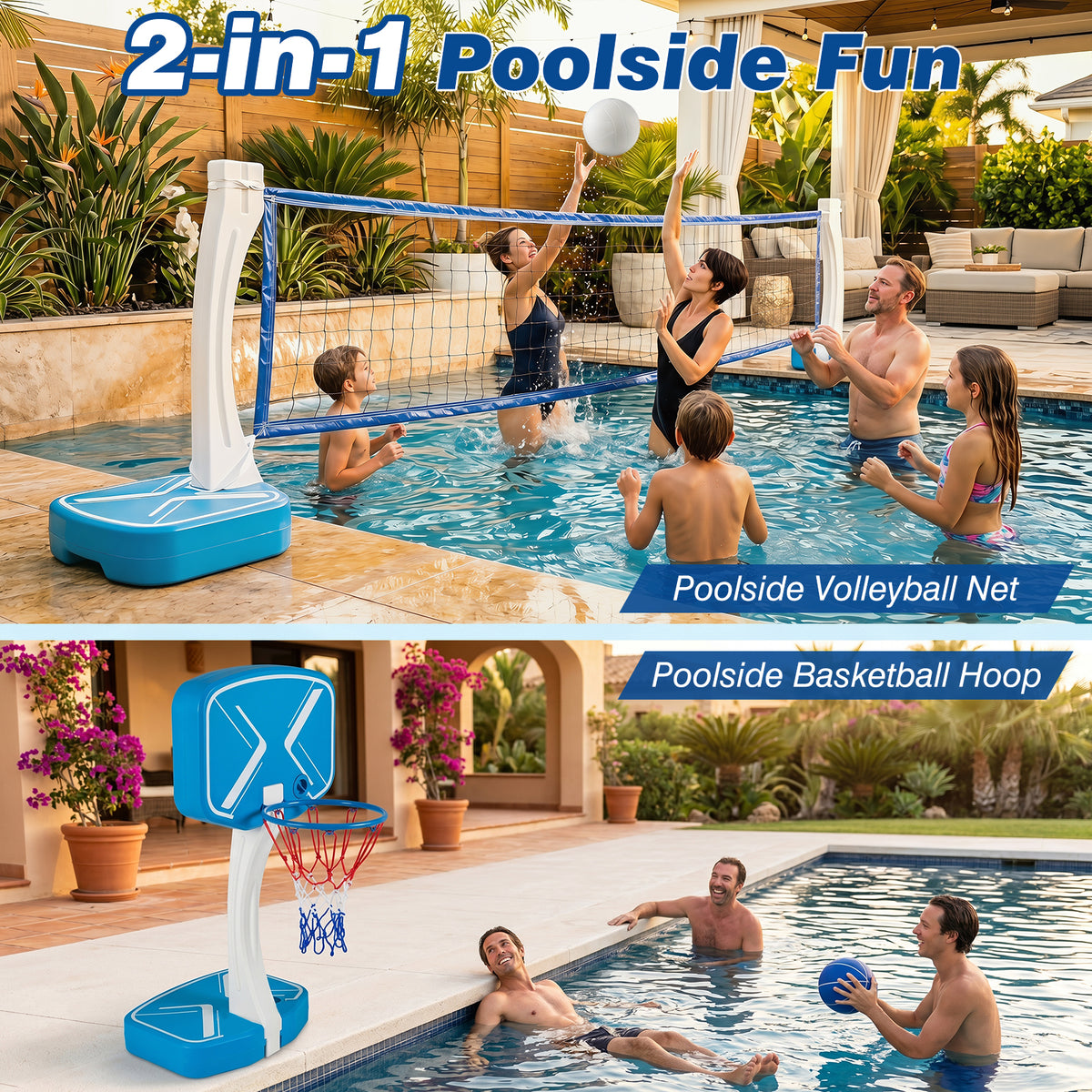 2-in-1 Pool Basketball Hoop & Pool Volleyball Net, Swimming Pool Toys