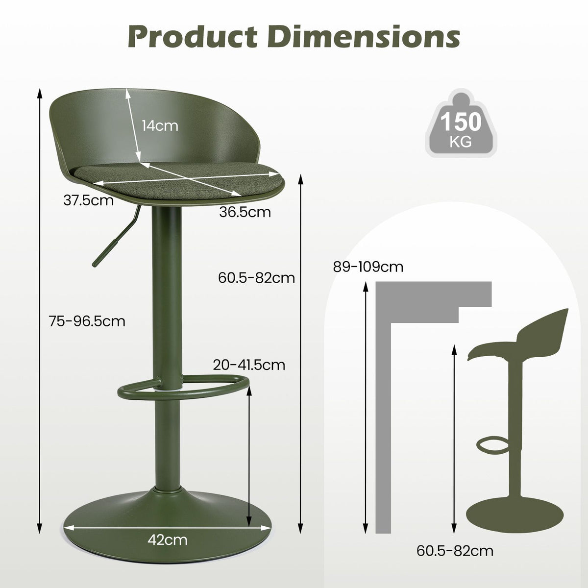 Set of 2 Adjustable Swivel Bar Stools with Back and Footrest