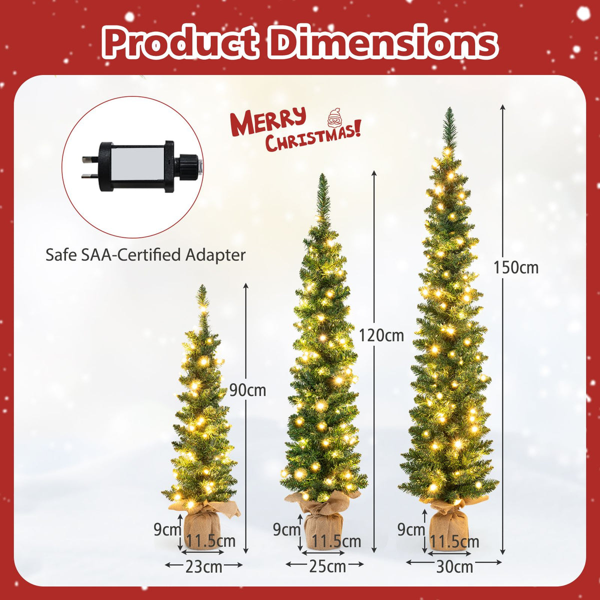 Set of 3 Pre-lit Artificial Christmas Trees 90/120/150cm Potted Pencil Xmas Trees with 415 Branch Tips