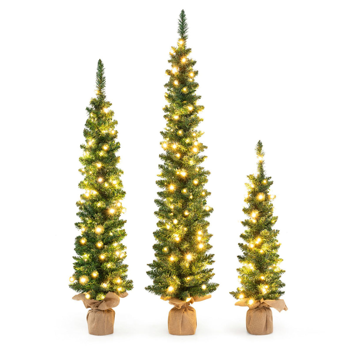 Set of 3 Pre-lit Artificial Christmas Trees 90/120/150cm Potted Pencil Xmas Trees with 415 Branch Tips
