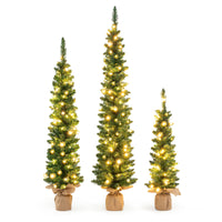 Set of 3 Pre-lit Artificial Christmas Trees 90/120/150cm Potted Pencil Xmas Trees with 415 Branch Tips
