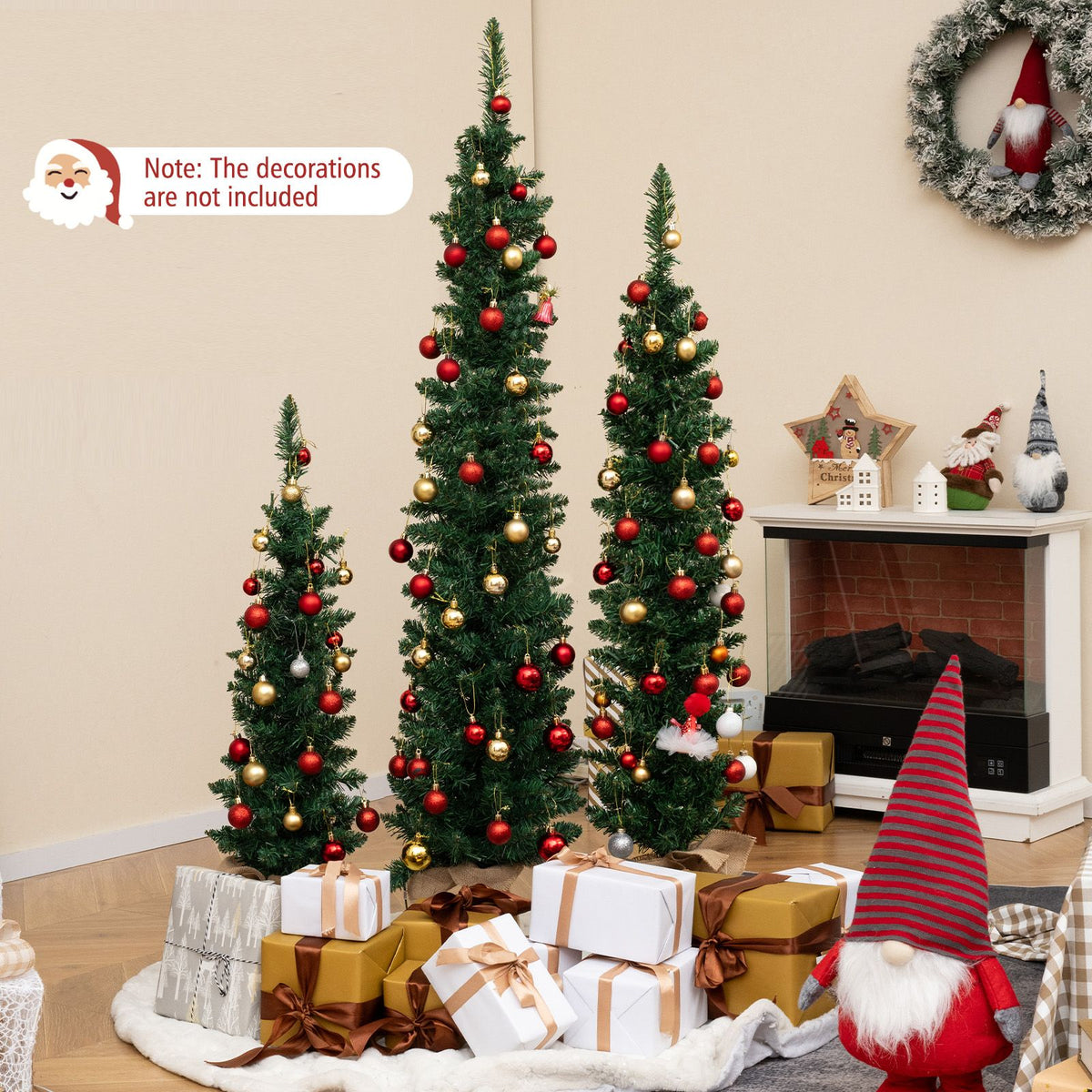 Set of 3 Pre-lit Artificial Christmas Trees 90/120/150cm Potted Pencil Xmas Trees with 415 Branch Tips