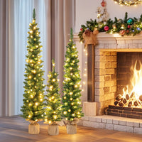 Set of 3 Pre-lit Artificial Christmas Trees 90/120/150cm Potted Pencil Xmas Trees with 415 Branch Tips