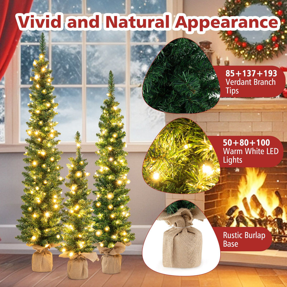 Set of 3 Pre-lit Artificial Christmas Trees 90/120/150cm Potted Pencil Xmas Trees with 415 Branch Tips